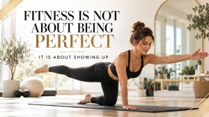 Woman performing a controlled Pilates balance exercise representing mindful movement, strength and consistency