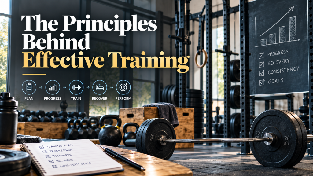 Gym training setup showing weights, progress planning and recovery principles for effective training