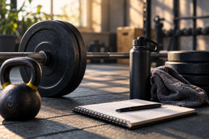 Barbell, kettlebell, training notebook and water bottle representing structured fitness training