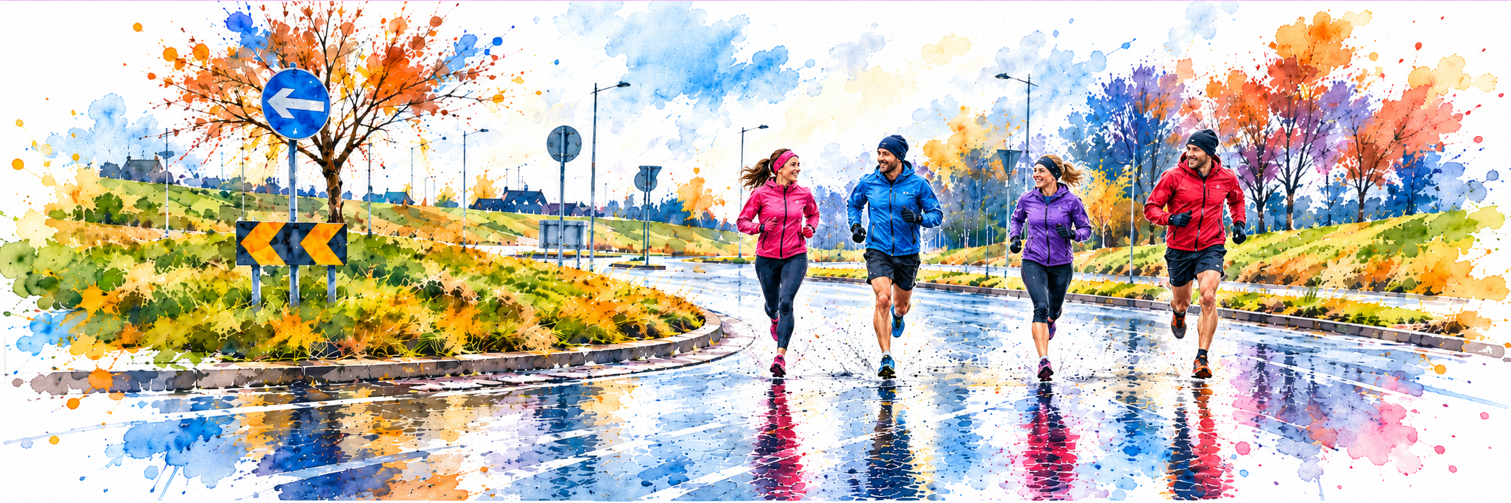 Four runners training outdoors on a wet autumn road for sports performance and endurance